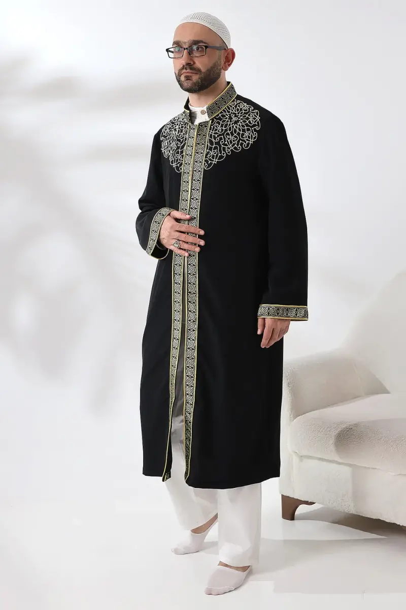 Black Judge Collar Men's Prayer Robe Stripe Embroidery Imam Robe - 4