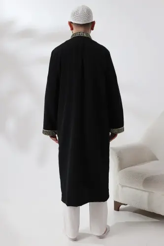Black Judge Collar Men's Prayer Robe Stripe Embroidery Imam Robe - 5
