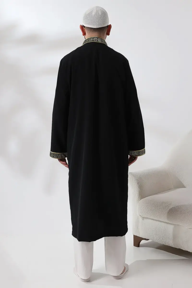 Black Judge Collar Men's Prayer Robe Stripe Embroidery Imam Robe - 5