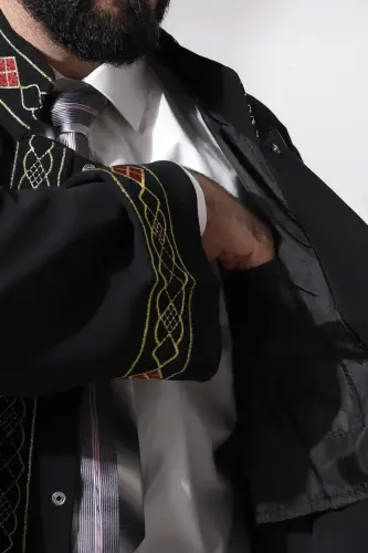 Black Men's Prayer Dress Pattern Embroidered Judge Collar Imam Robe - 8