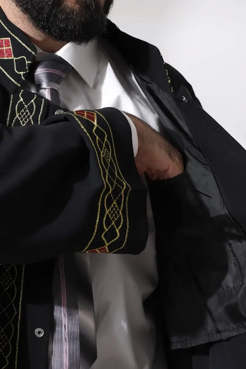 Black Men's Prayer Dress Pattern Embroidered Judge Collar Imam Robe - 8