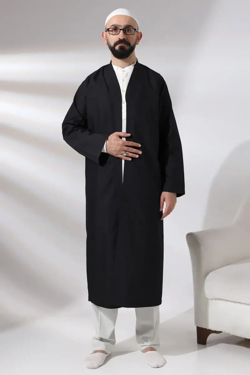 Black Men's Prayer Robe V-Neck Buttonless Open Front Prayer Robe - 9