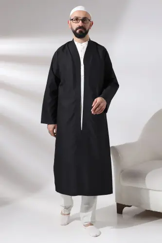 Black Men's Prayer Robe V-Neck Buttonless Open Front Prayer Robe - 1