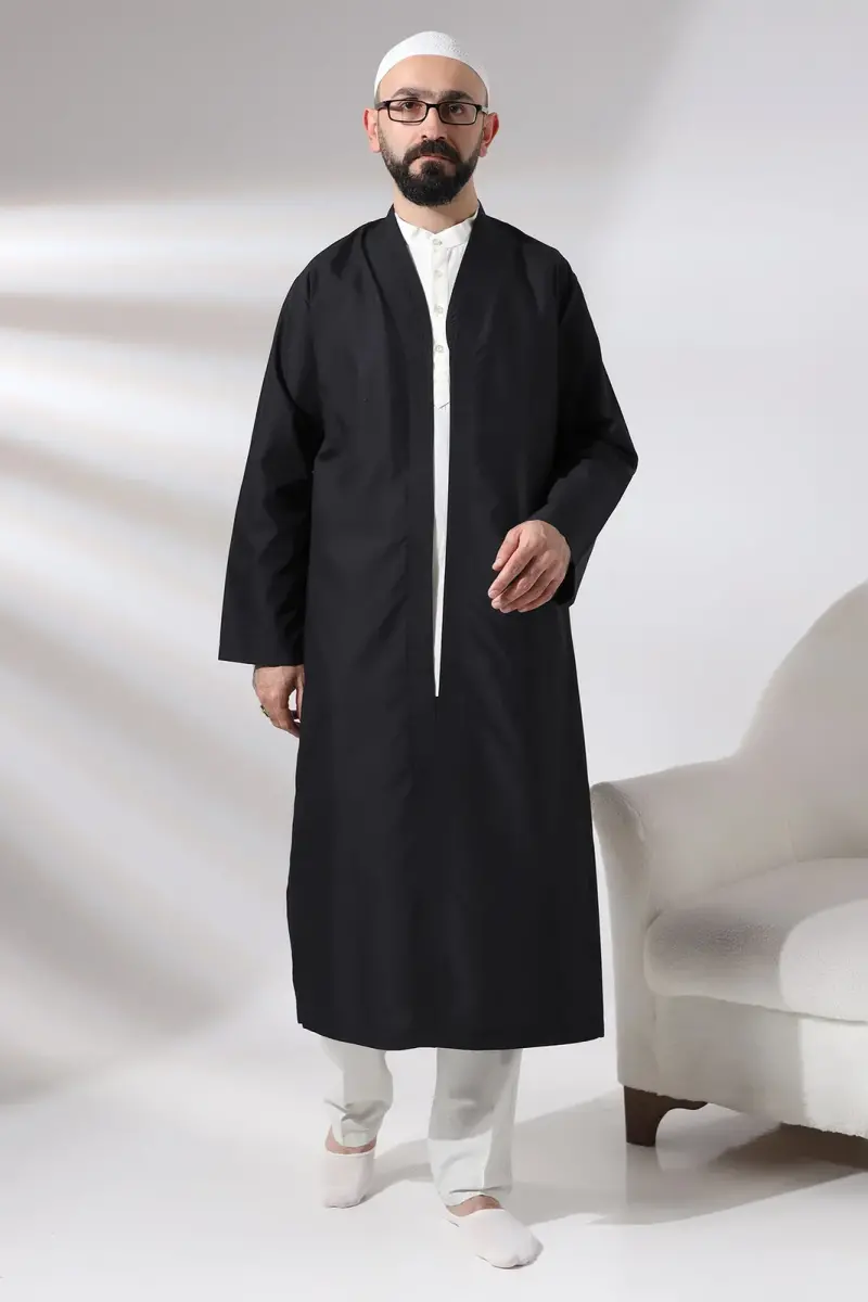 Black Men's Prayer Robe V-Neck Buttonless Open Front Prayer Robe - 1