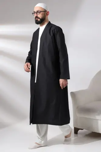 Black Men's Prayer Robe V-Neck Buttonless Open Front Prayer Robe - 3