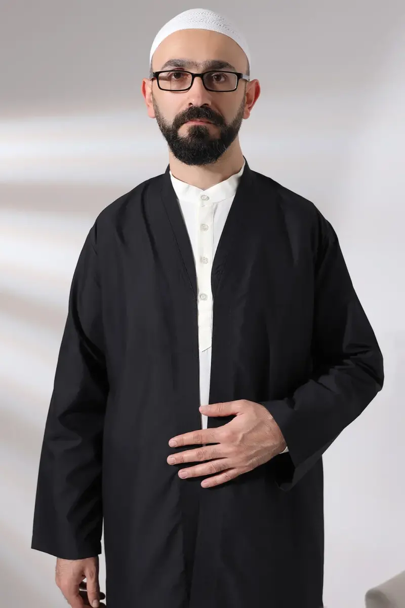 Black Men's Prayer Robe V-Neck Buttonless Open Front Prayer Robe - 7
