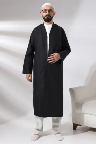 Black Men's Prayer Robe V-Neck Buttonless Open Front Prayer Robe - 8