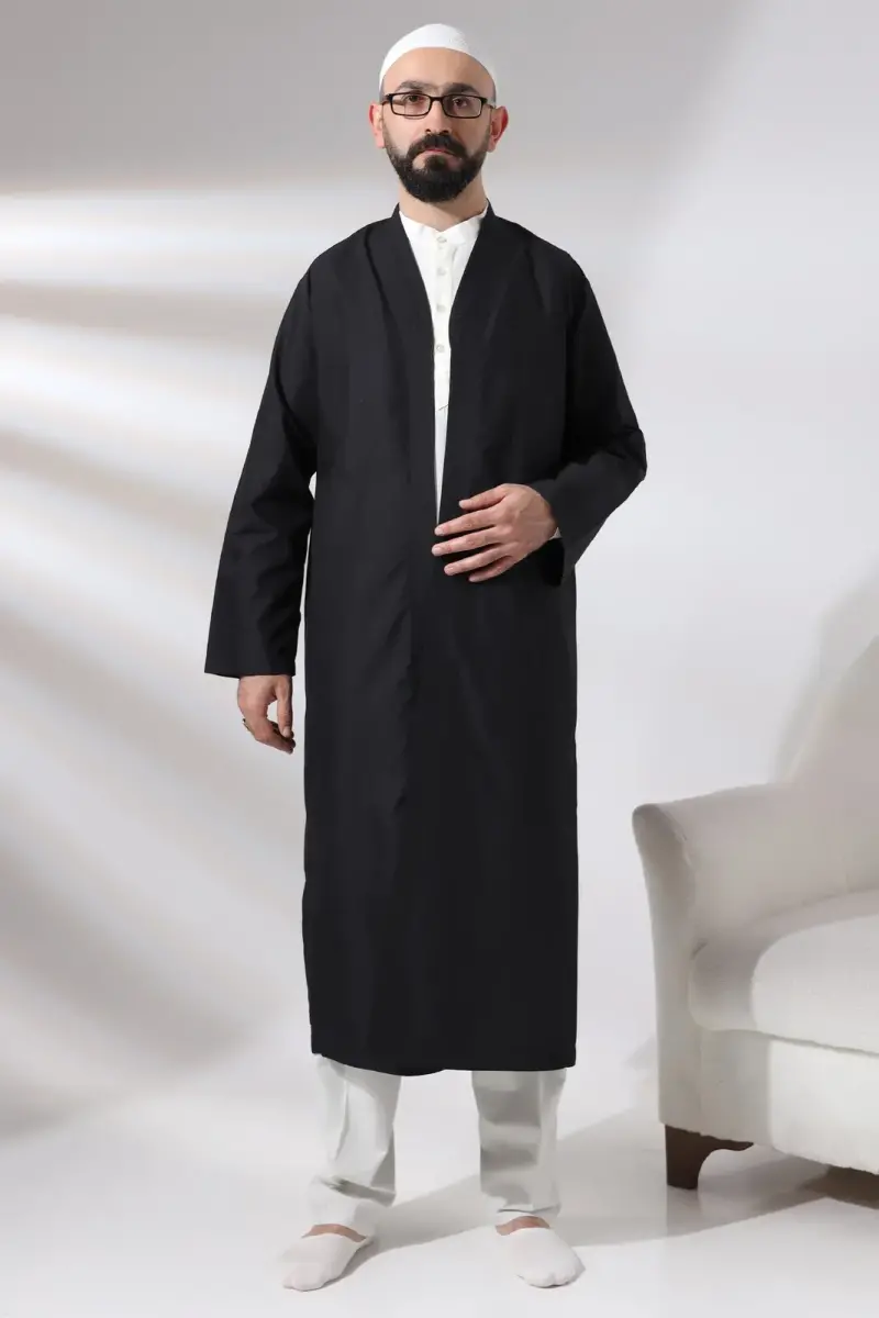 Black Men's Prayer Robe V-Neck Buttonless Open Front Prayer Robe - 8