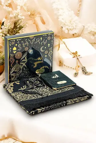 Black Mevlüt Gift Velvet Covered Yasin Book Prayer Beads Dowry Prayer Rug Set - 1
