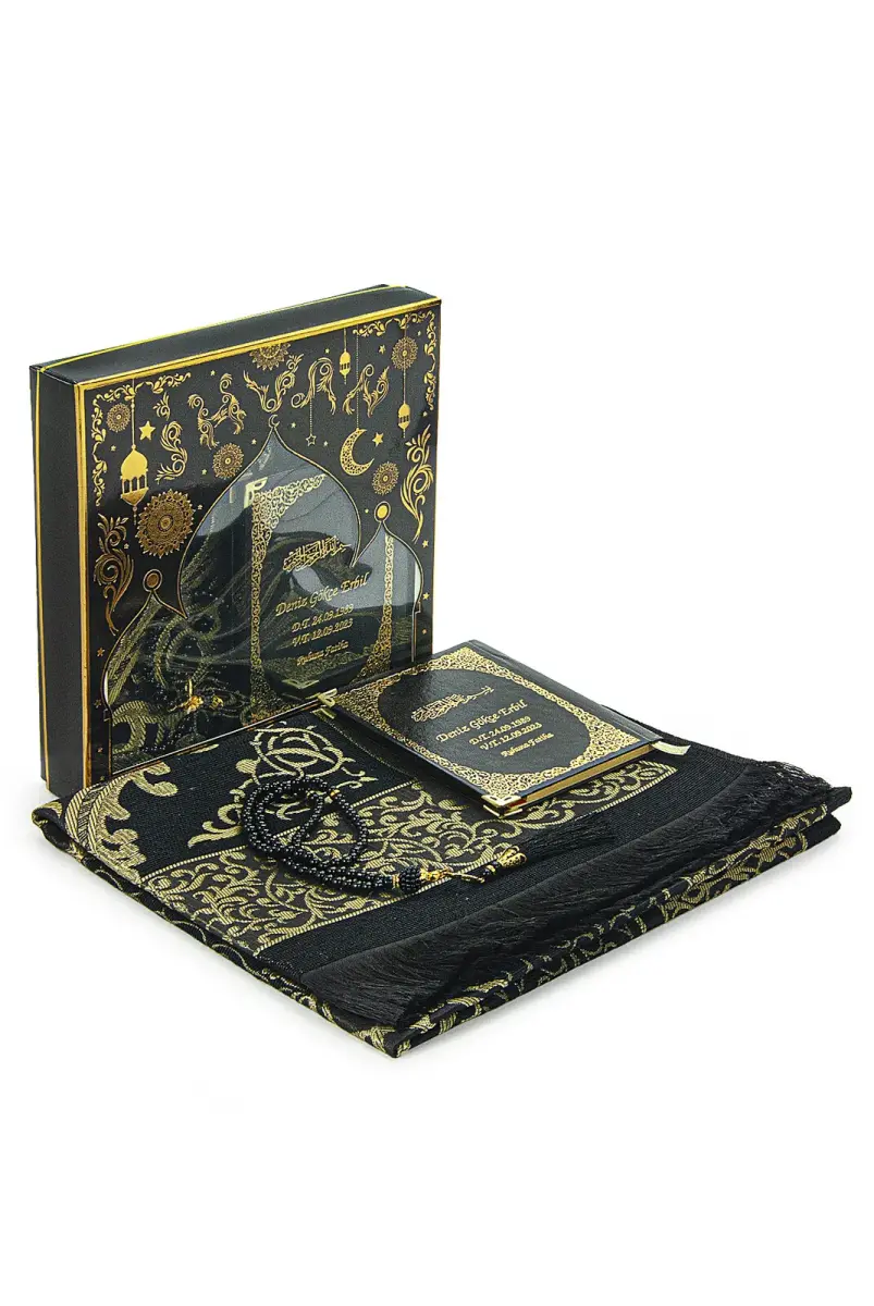 Black Name Printed Leather Bound Bag Size Yasin Book Prayer Mat Set Mevlit Gift - 5