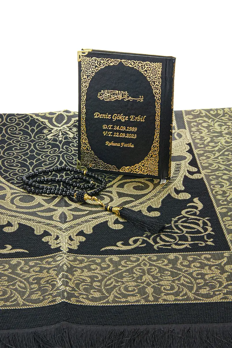 Black Name Printed Leather Bound Bag Size Yasin Book Prayer Mat Set Mevlit Gift - 3