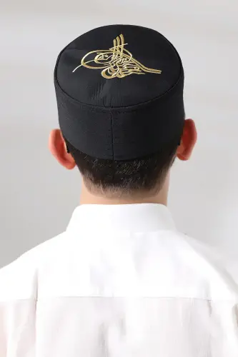 Black Quilted Ottoman Tughra Embroidered Pattern Prayer Skull - ihvanonline (1)