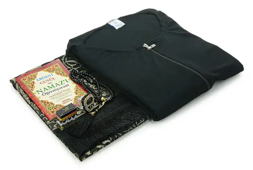 Black Women's Practical Headscarf Zippered One-Piece Prayer Dress Prayer Mat Set - 3