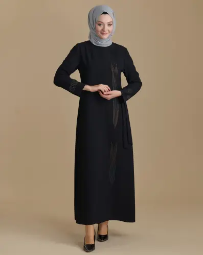 Black Zippered Double Breasted Stoned Hijab Abaya - 3
