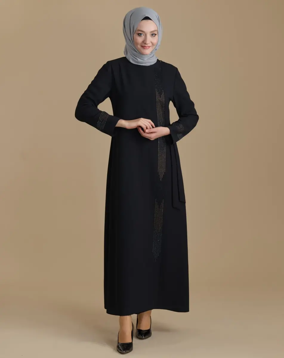 Black Zippered Double Breasted Stoned Hijab Abaya - 3