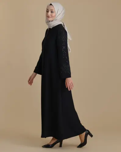 Black Zippered Hijab Abaya with Crystal Stone Sleeves - ihvanonline (1)