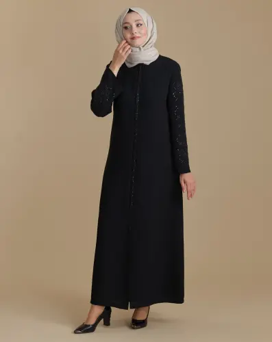 Black Zippered Hijab Abaya with Crystal Stone Sleeves - 3