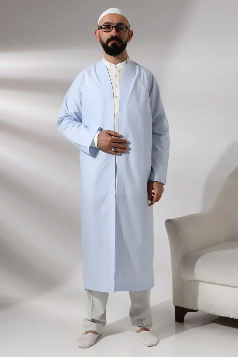 Blue Men's Prayer Robe V-Neck Buttonless Open Front Prayer Robe - 1