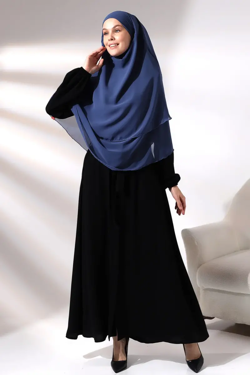 Blue Three Layer Veiled Short Chiffon Hijab Soufflé Scarf - 5