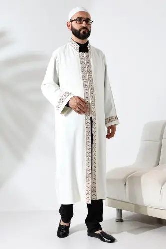 Bordo Desen İşlemeli Krem Hakim Yaka Çıt Çıtlı, Cepli İmam Cübbesi - ihvanonline (1)