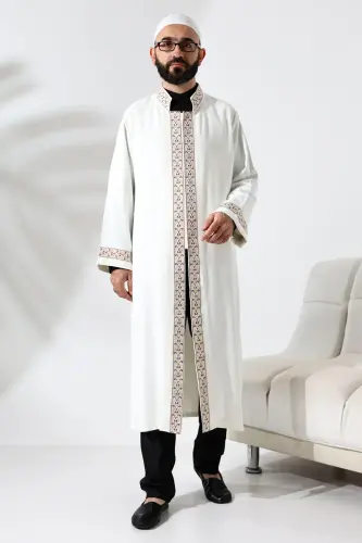 Bordo Desen İşlemeli Krem Hakim Yaka Çıt Çıtlı, Cepli İmam Cübbesi - 3