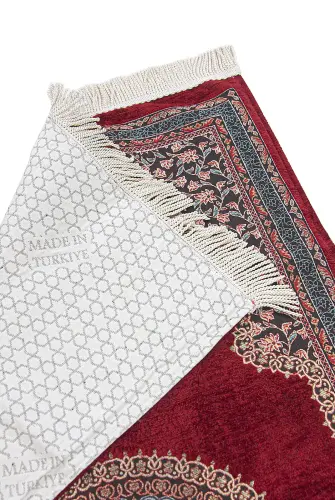 Bordo Geleneksel Motifli Örgü Saçaklı Mihraplı Astarlı Şönil Seccade - ihvanonline (1)