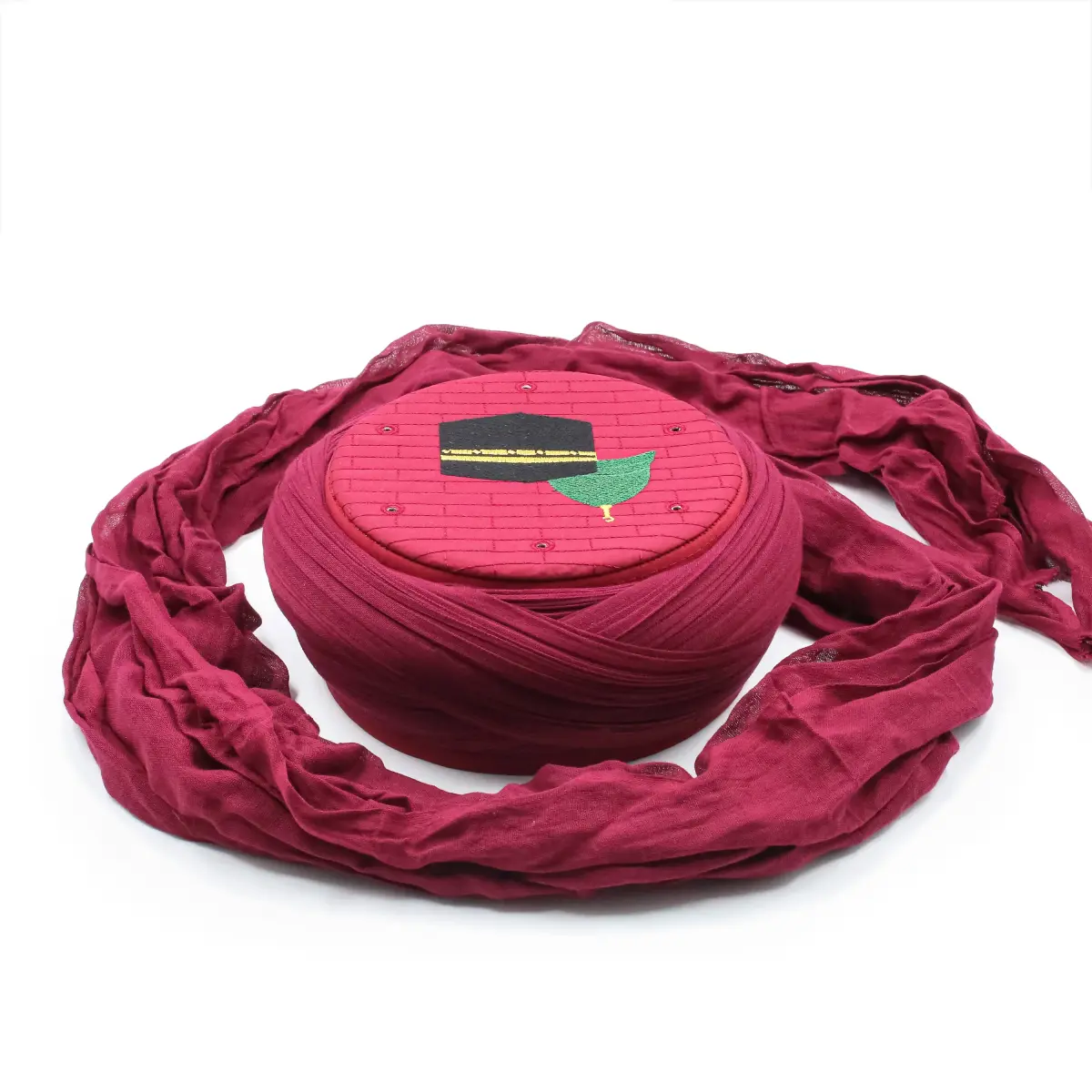 Bordo Hac Umre Sarığı Mekke Medine Nakışlı Takke Çapraz Sarım 7 Metre Taylasanlı Sarık - 4