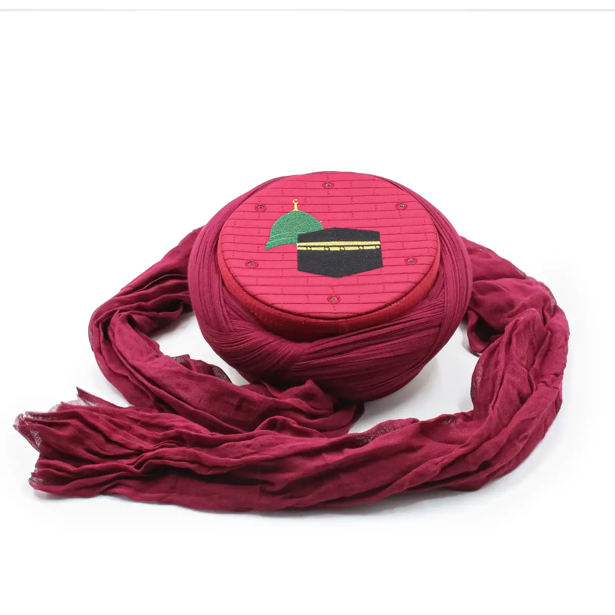 Bordo Hac Umre Sarığı Mekke Medine Nakışlı Takke Çapraz Sarım 7 Metre Taylasanlı Sarık - 1