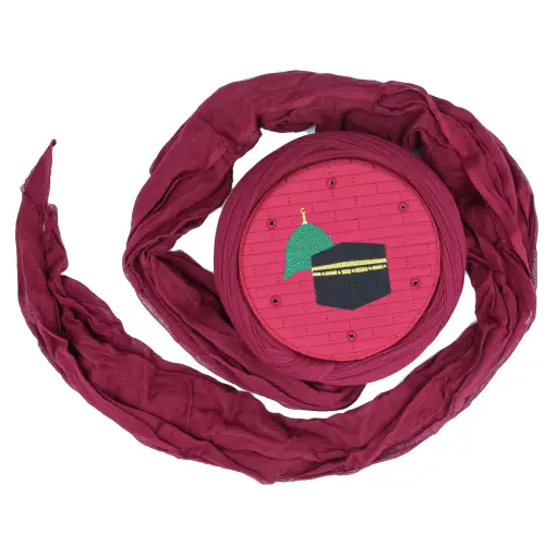 Bordo Hac Umre Sarığı Mekke Medine Nakışlı Takke Çapraz Sarım 7 Metre Taylasanlı Sarık - 3