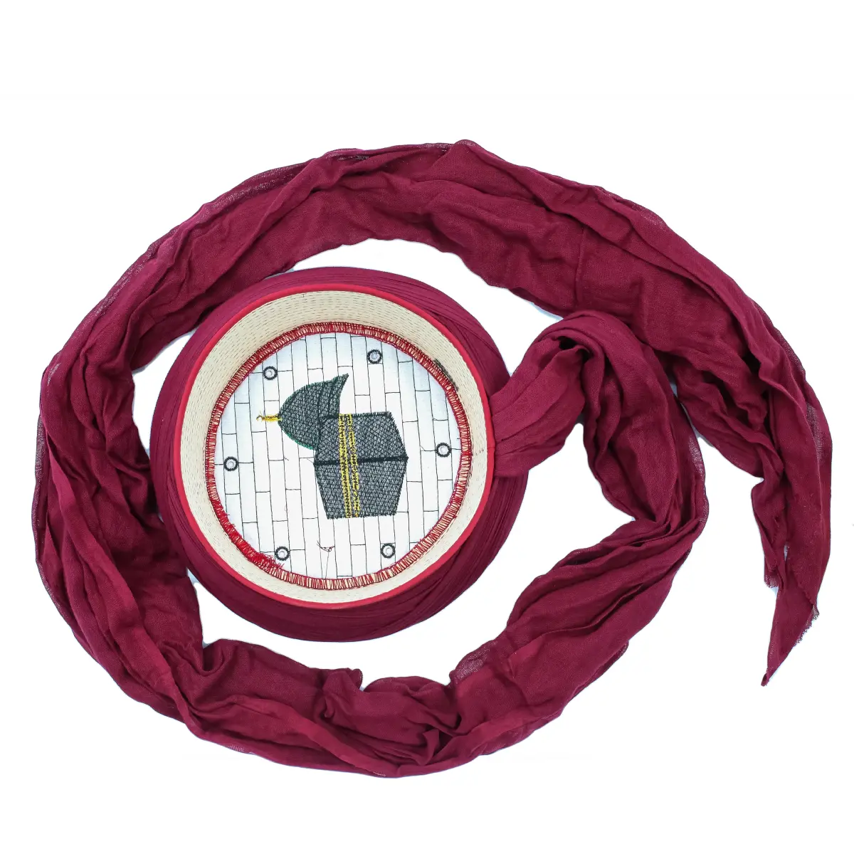 Bordo Hac Umre Sarığı Mekke Medine Nakışlı Takke Çapraz Sarım 7 Metre Taylasanlı Sarık - 5