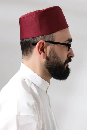 Bordo Kapitone Elif Vav Nakışlı Kalıp Namaz Takkesi - 5