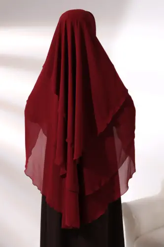 Bordo Şifon Üç Katlı Peçeli Uzun Tesettür Sufle Eşarp - 6