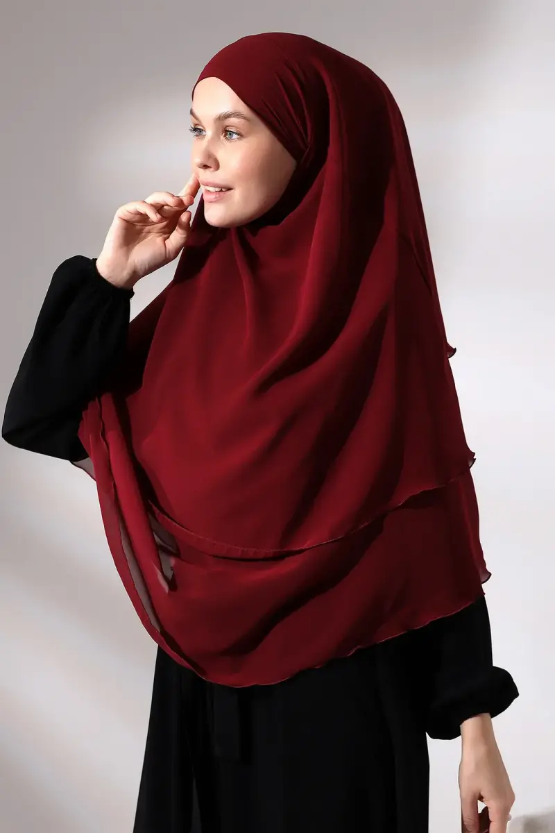 Bordo Üç Katlı Peçeli Kısa Şifon Tesettür Sufle Eşarp - 3