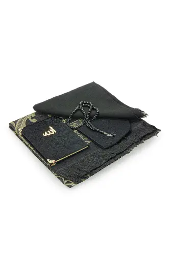 Boxed Covered Velvet Yasin Book Dowry Prayer Rug Set with Rosary Black - ihvanonline (1)