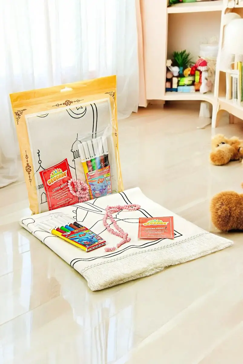 Boyamalı Yıkanabilir Eğitici Çocuk Seccadesi ve Tesbih Seti Kırmızı - 1