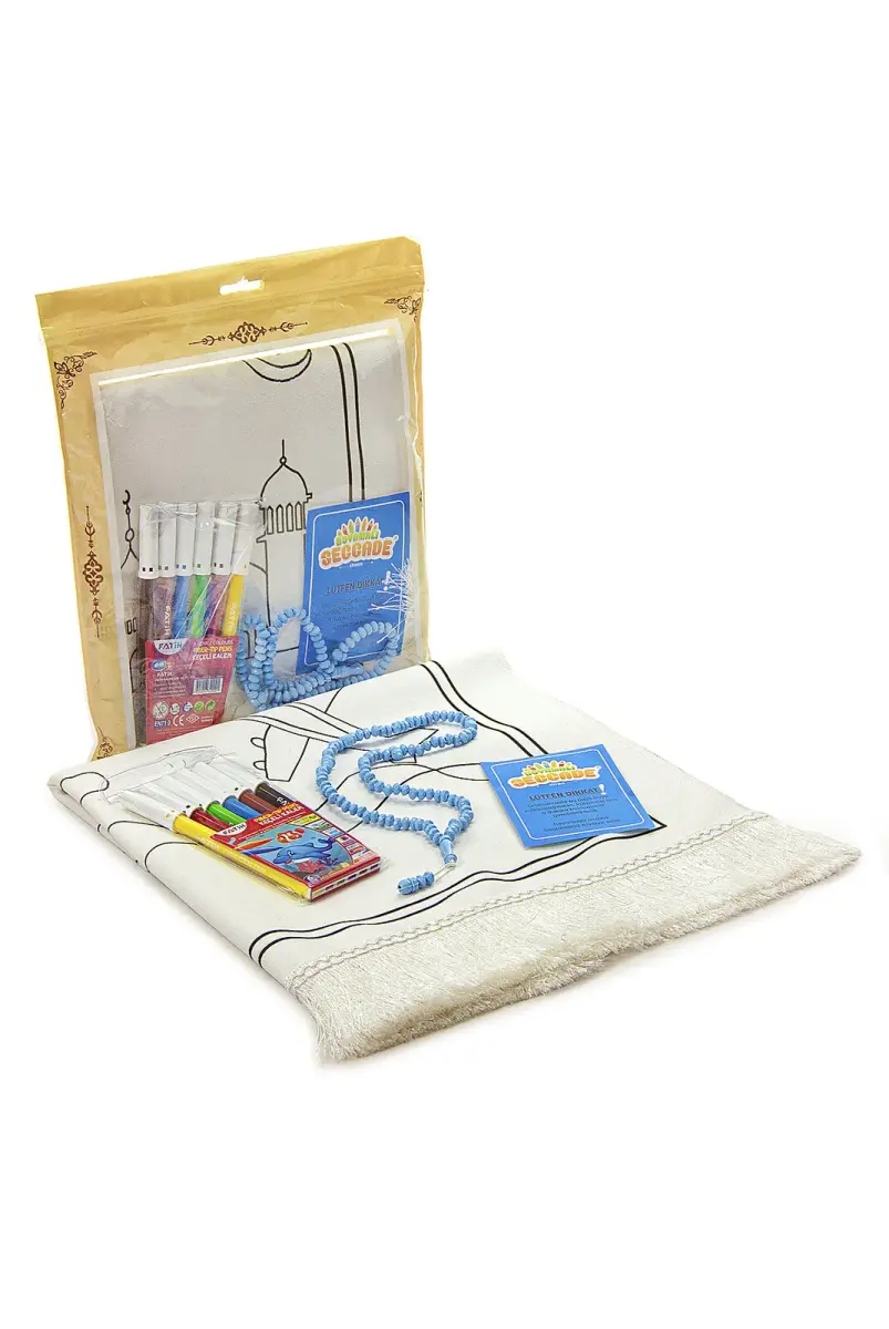 Boyamalı Yıkanabilir Eğitici Çocuk Seccadesi ve Tesbih Seti Mavi - 3