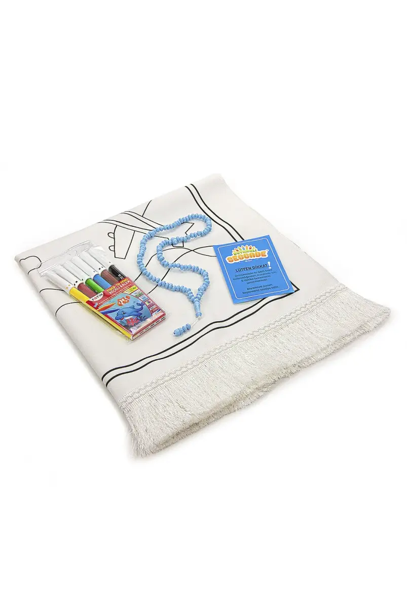 Boyamalı Yıkanabilir Eğitici Çocuk Seccadesi ve Tesbih Seti Mavi - 4
