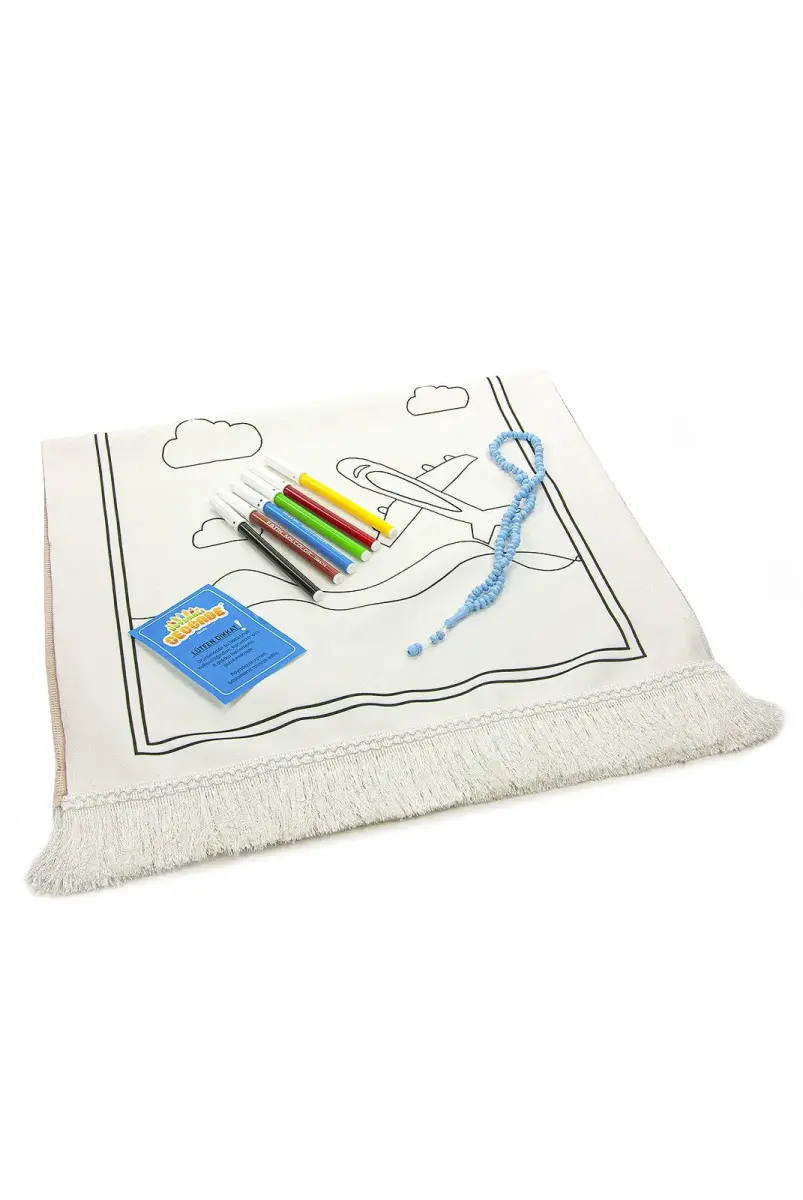 Boyamalı Yıkanabilir Eğitici Çocuk Seccadesi ve Tesbih Seti Mavi - 5