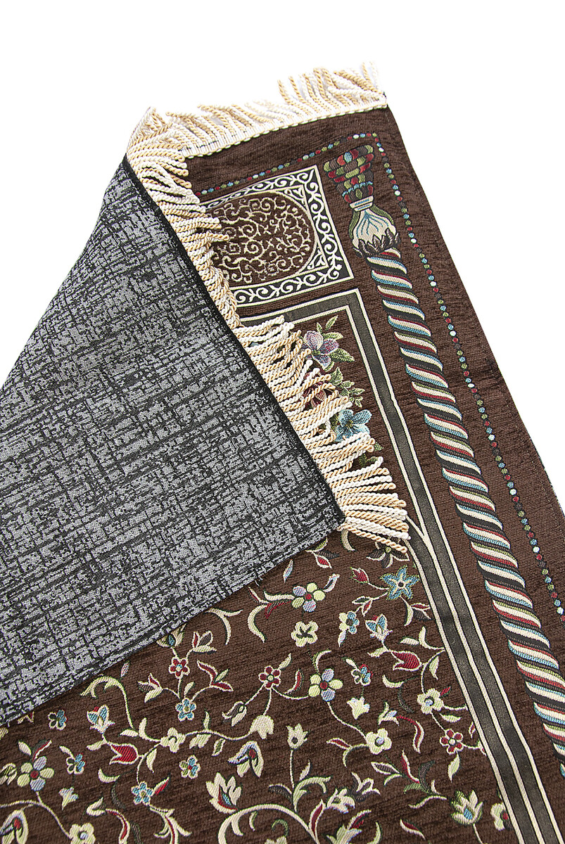 Brown Floral Ravza Patterned Lined Chenille Prayer Rug - 2