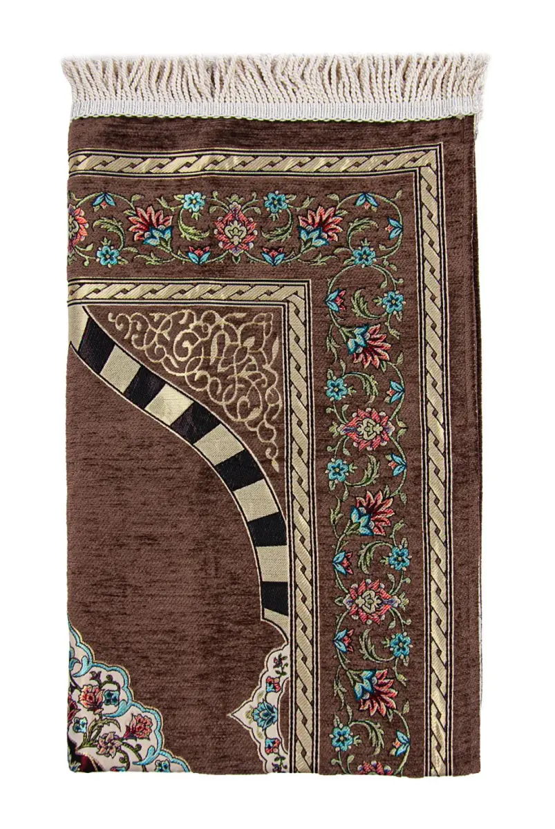Brown Flower Motifed Mihrab Lined Chenille Prayer Rug - 2