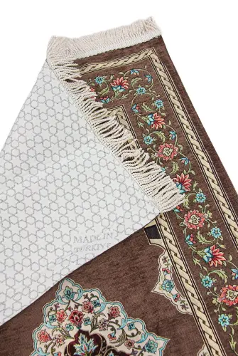 Brown Flower Motifed Mihrab Lined Chenille Prayer Rug - 3