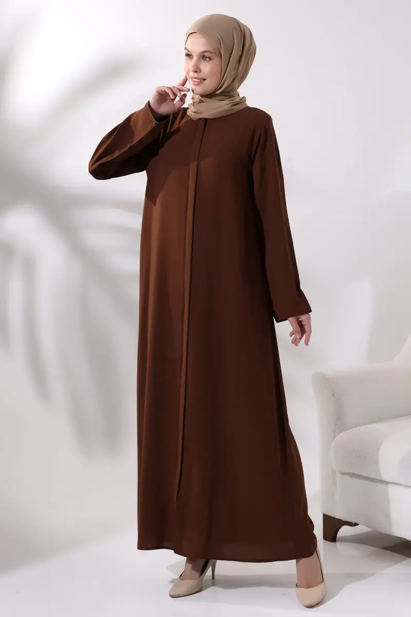 Brown Women's Plain Plain Hijab Abaya with Elastic Sleeves and Hidden Zipper - 3
