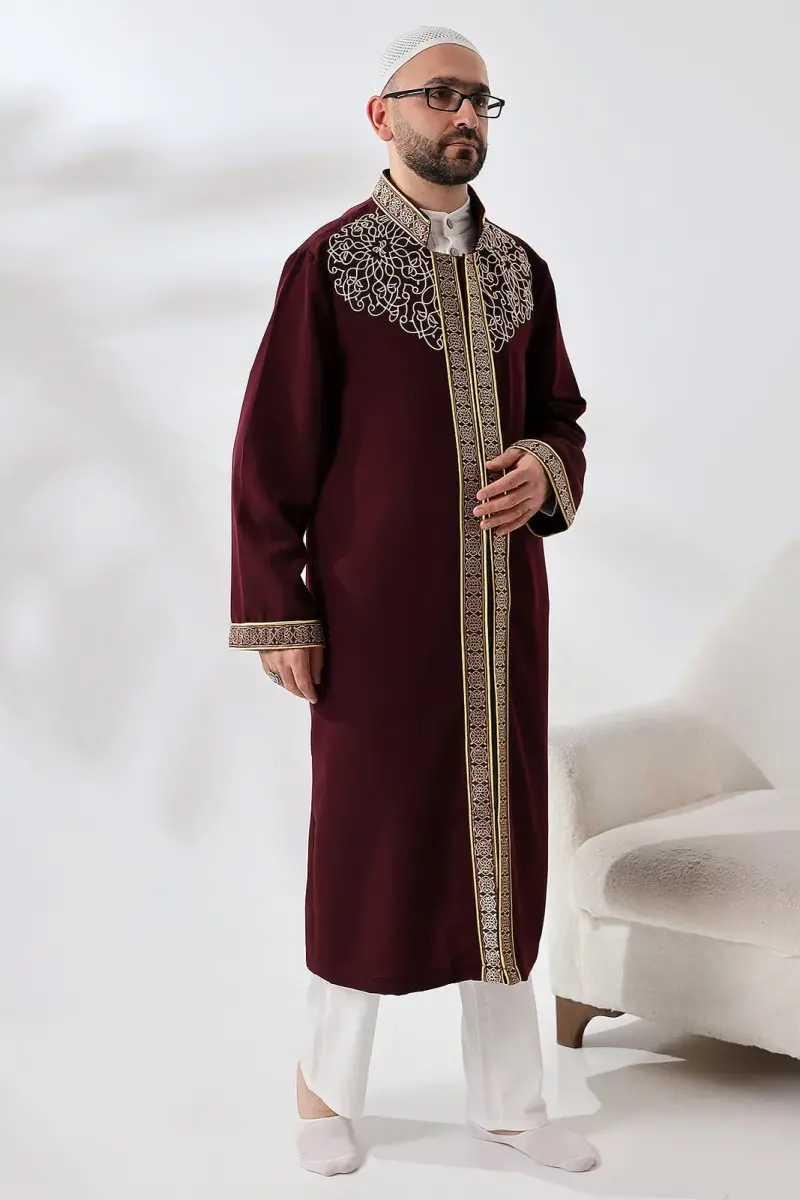 Burgundy Collar Men's Prayer Robe Stripe Embroidery Imam Robe - 4