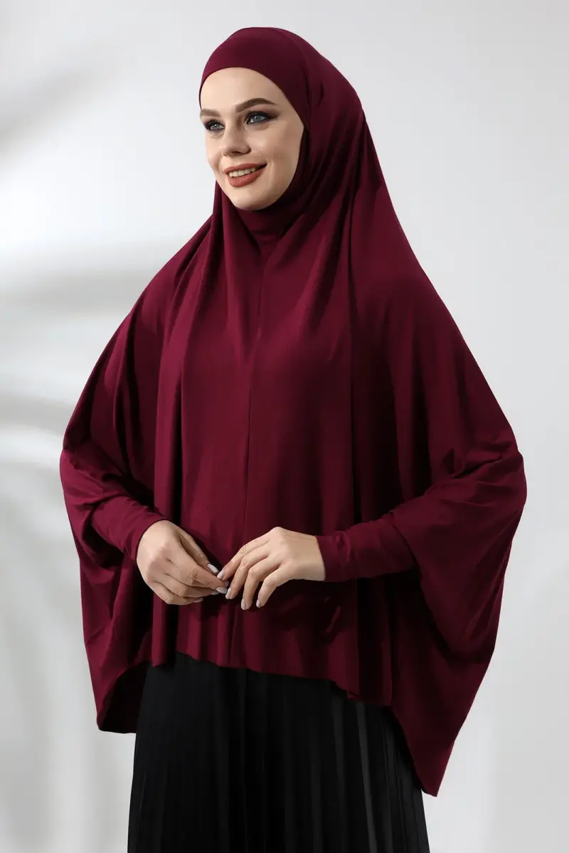 Burgundy Ready Practical Sultanbaş Hijab Sleeve Combed Cotton Soufflé Scarf Hijab - 2