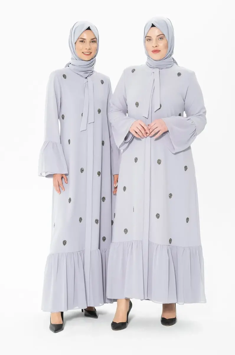 Buttoned Stone Gray Abaya 3007-1 - 1