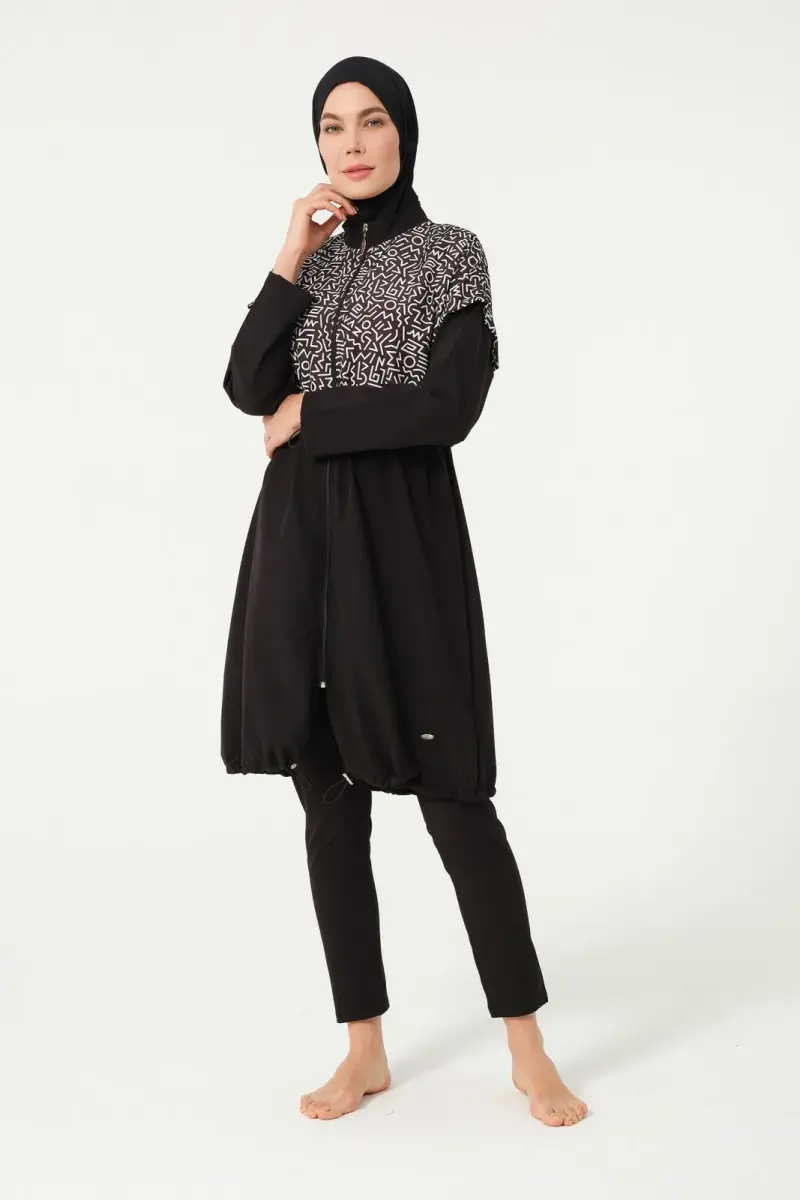 Büyük Beden Crop Detaylı Sporcu Tam Kapalı Tesettür Mayo 3015-25 Siyah - 3