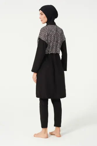 Büyük Beden Crop Detaylı Sporcu Tam Kapalı Tesettür Mayo 3015-25 Siyah - 5