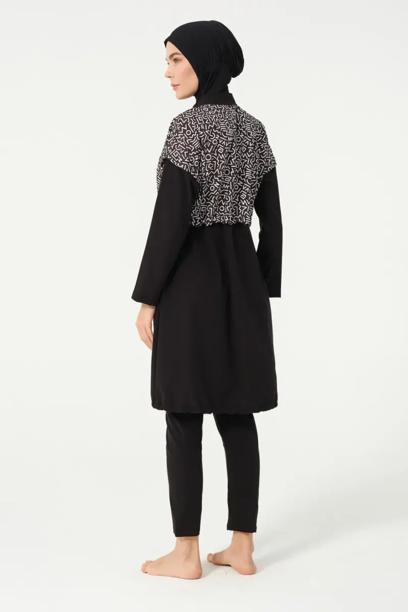 Büyük Beden Crop Detaylı Sporcu Tam Kapalı Tesettür Mayo 3015-25 Siyah - 5