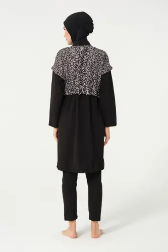 Büyük Beden Crop Detaylı Sporcu Tam Kapalı Tesettür Mayo 3015-25 Siyah - 6