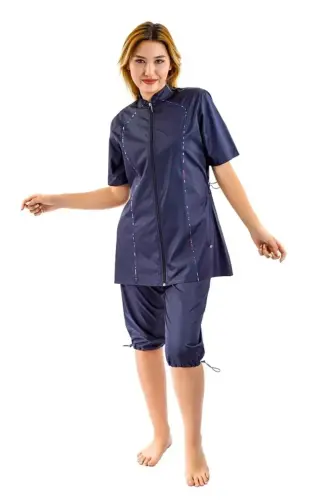 Büyük Beden Yarı Kapalı Paraşüt Kumaş Mayo 2474-25 Koyu Lacivert - 1